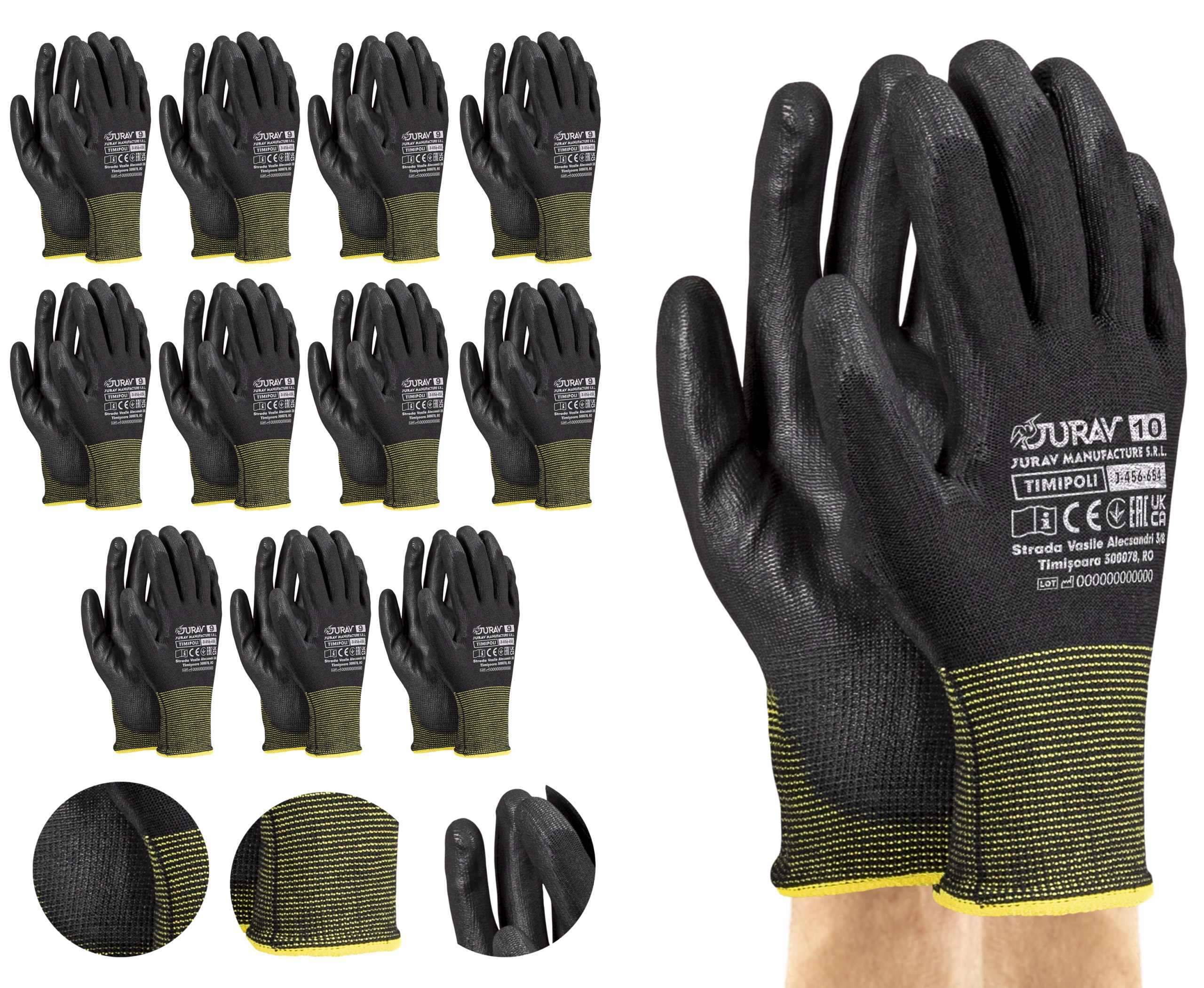 Rękawice Robocze Czarne J-TIMIPOLI_BB10-XL - 12 Par